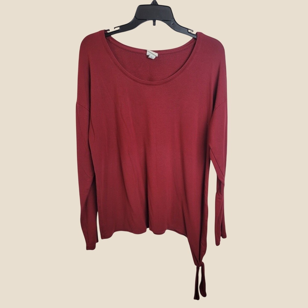 A New Day Side Tie Knot Long Sleeve Top Casual Minimalist Knit Burgundy Red XL
